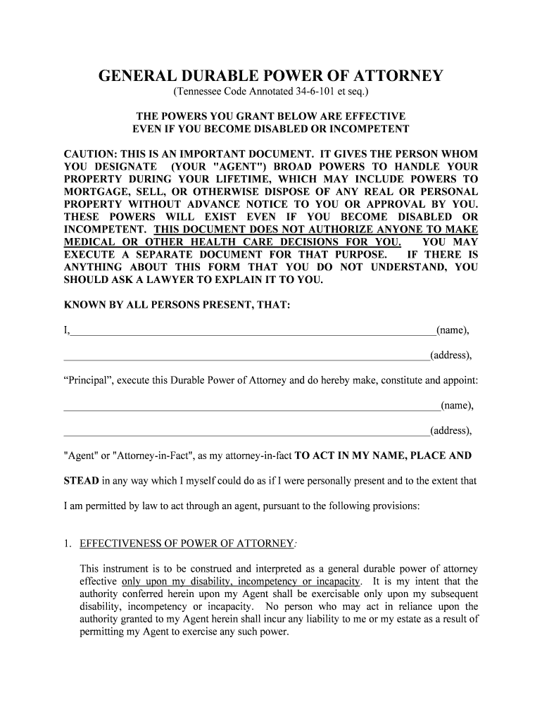 Tennessee General Durable Power of Attorney for Property and Finances or Financial Effective Upon Disability  Form