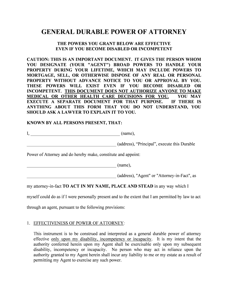 Missouri General Durable Power of Attorney for Property and Finances or Financial Effective Upon Disability  Form