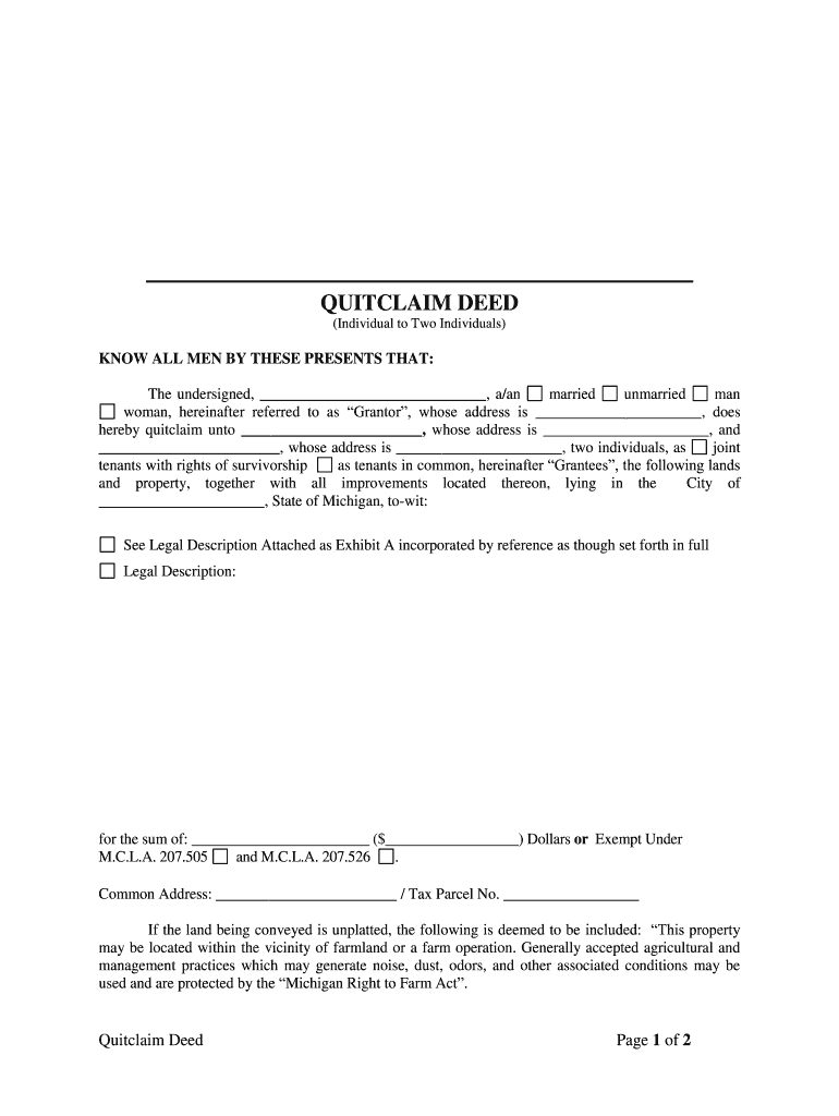 Michigan Quitclaim Deed from Individual to Two Individuals in Joint Tenancy  Form