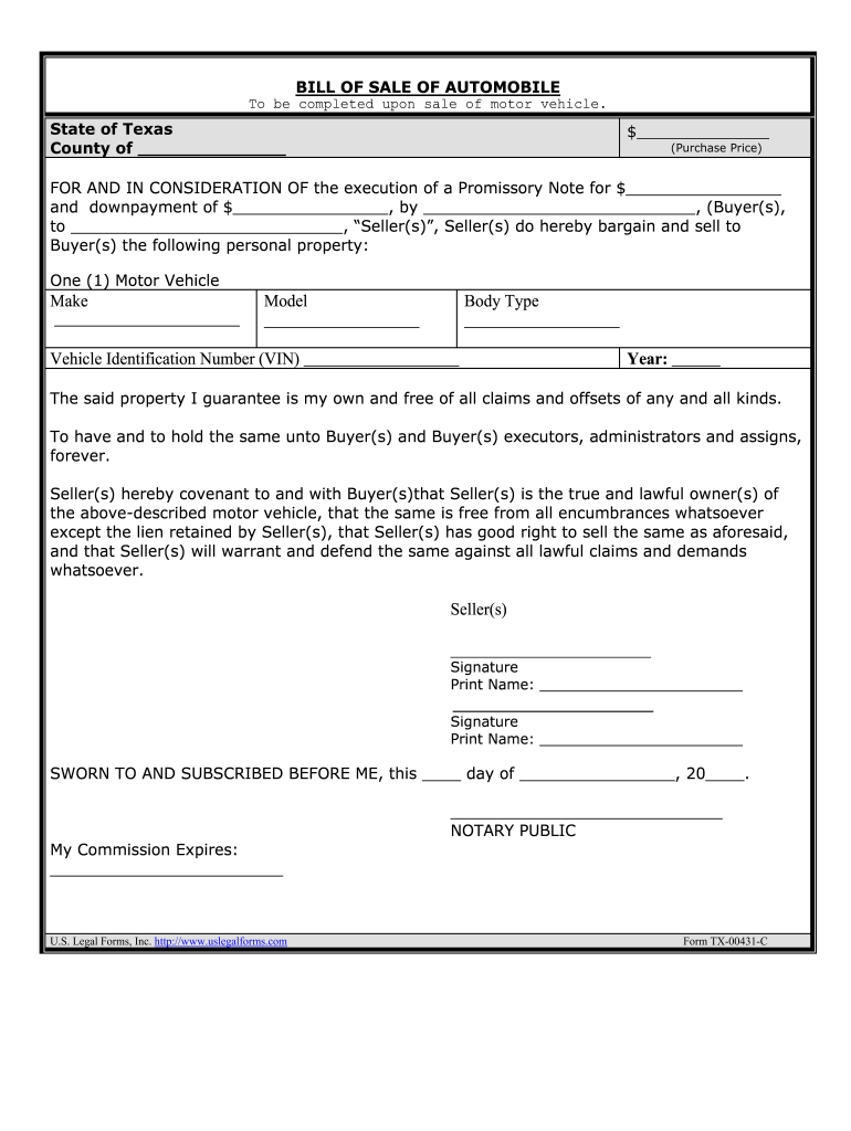 Texas Motor Vehicle Bill of Sale Form  PDFeForms