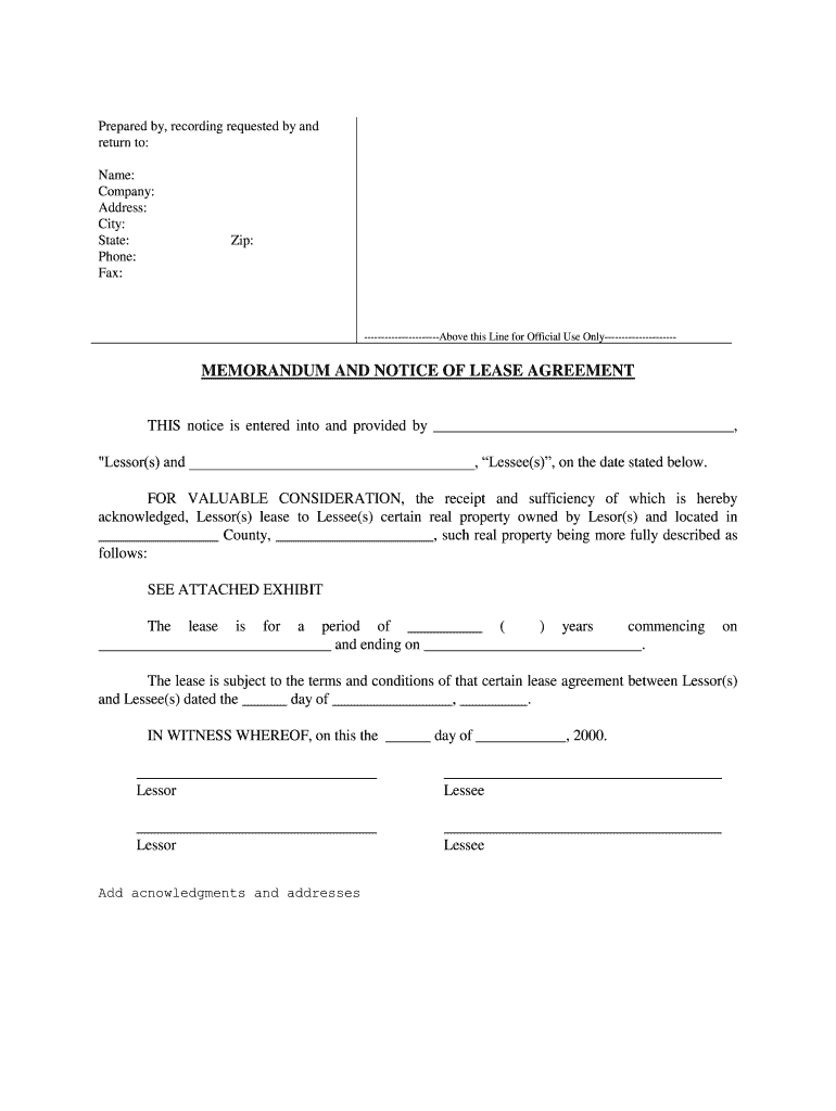 Memorandum and Notice of Lease Agreement  pdfFiller  Form