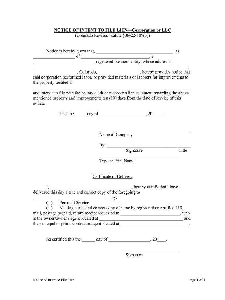 Fill and Sign the Colorado Notice of Intent to File Lien by Corporation or Llc Form