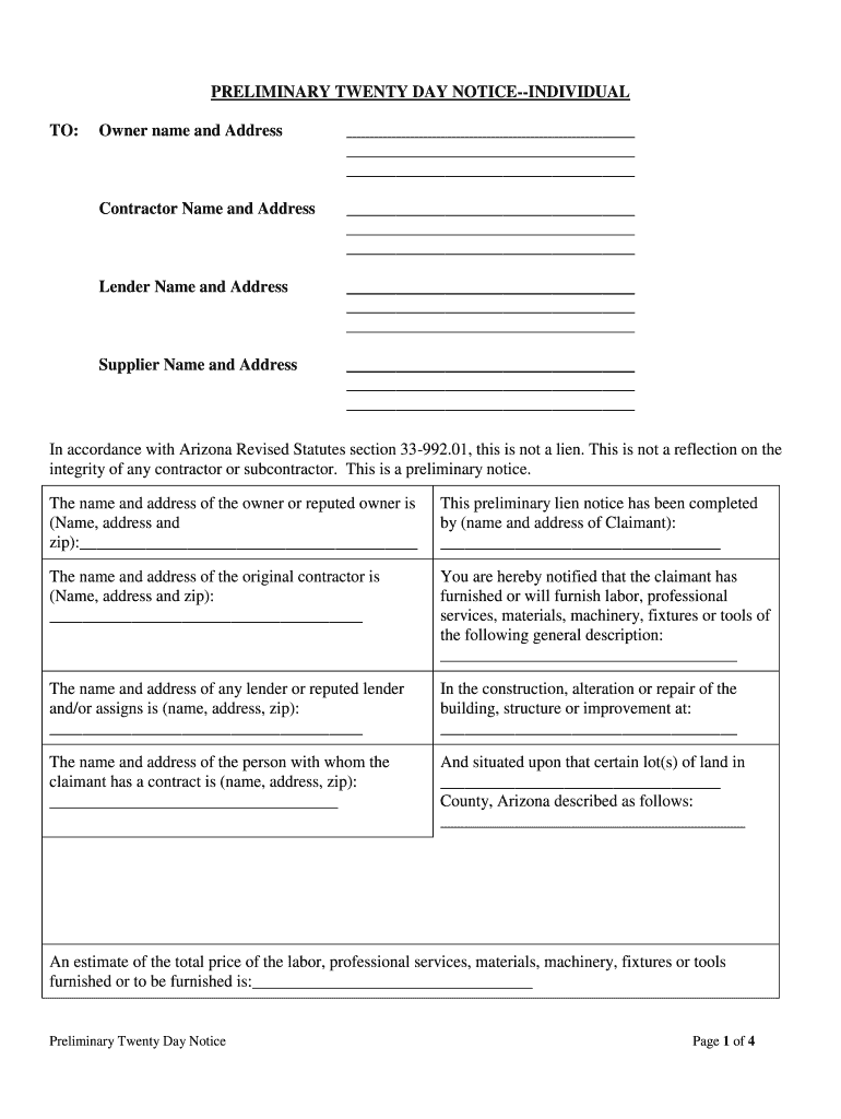 Fill and Sign the Preliminary Twenty Day Notice Form