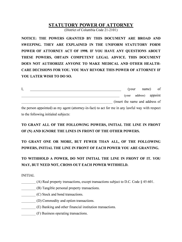 District of Columbia Statutory General Power of Attorney General, Durable, Limited  Form