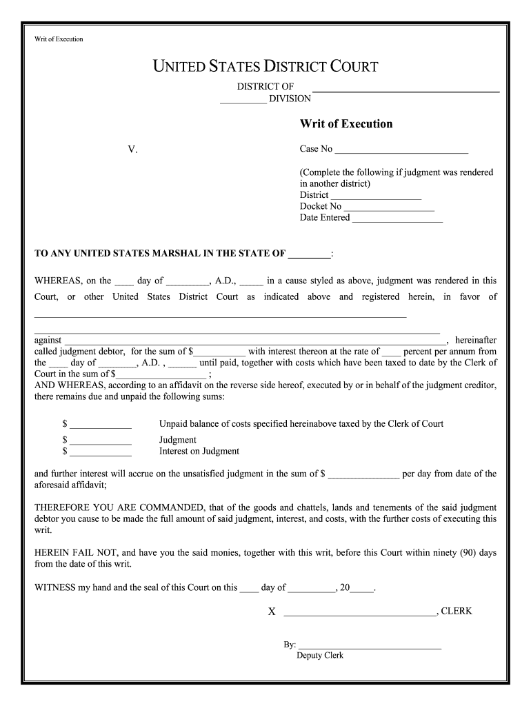 Writ of ExecutionCentral District of CaliforniaUnited States  Form
