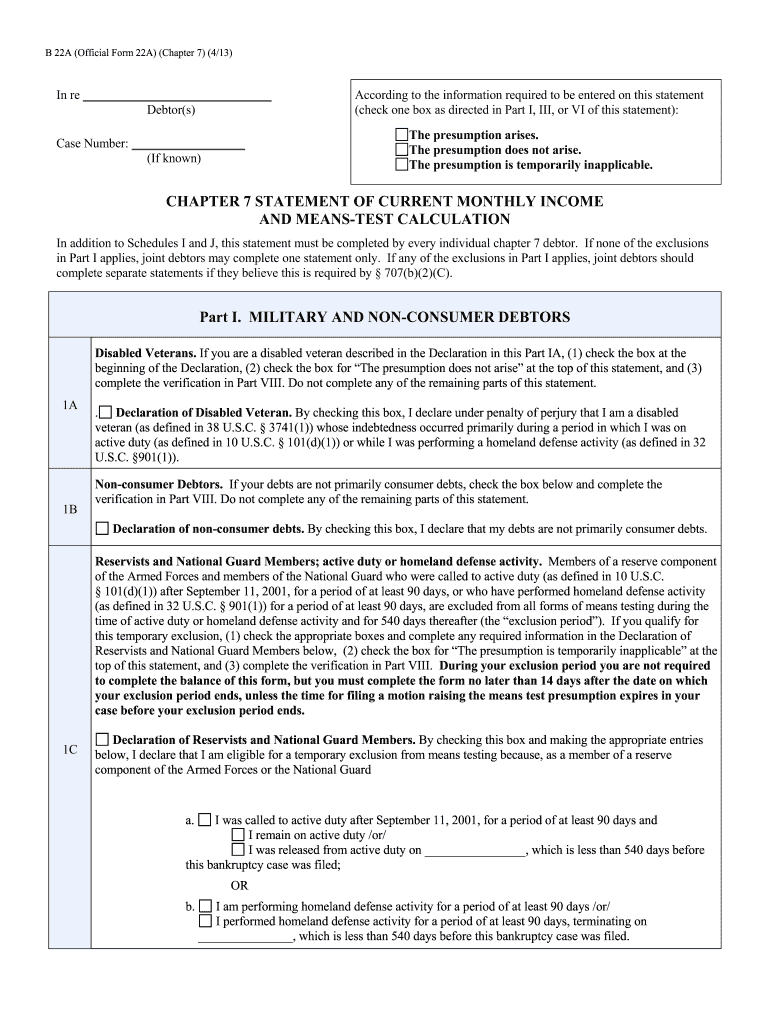 Fill and Sign the Official Form 22a2 Chapter 7 Means Test Calculation United States 