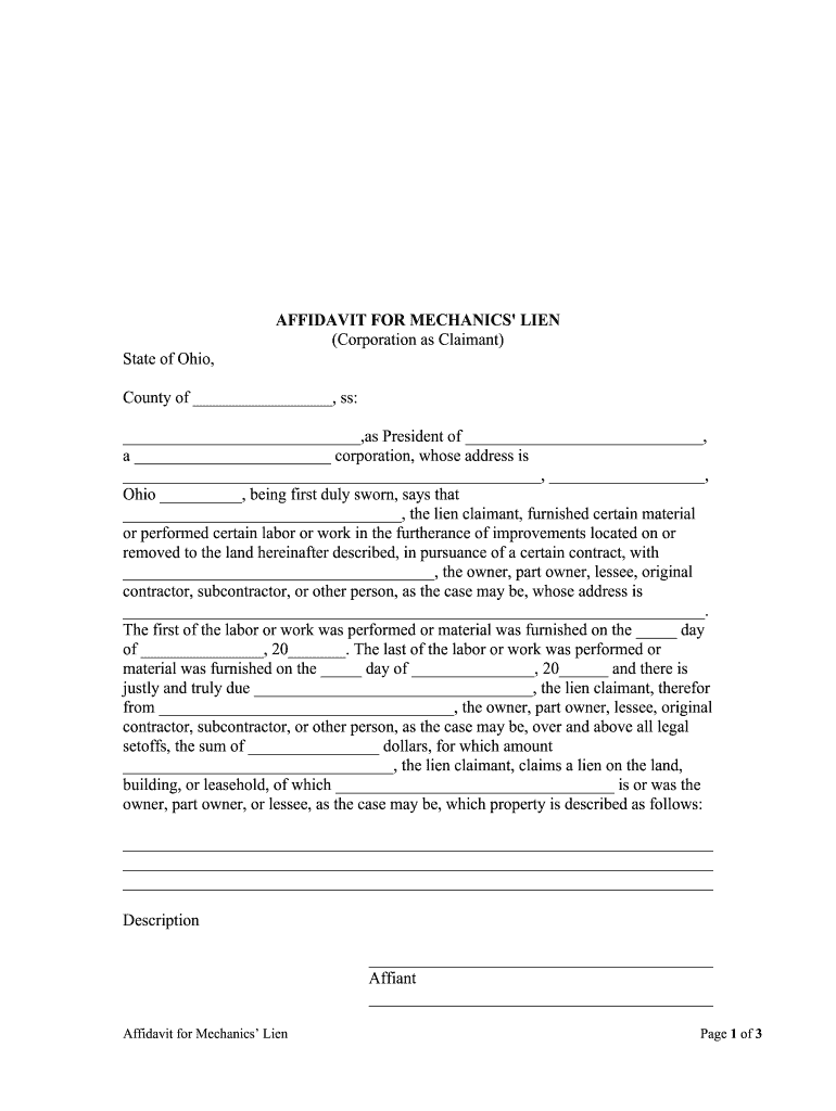 Fill and Sign the Affidavit for Mechanics Lien Form