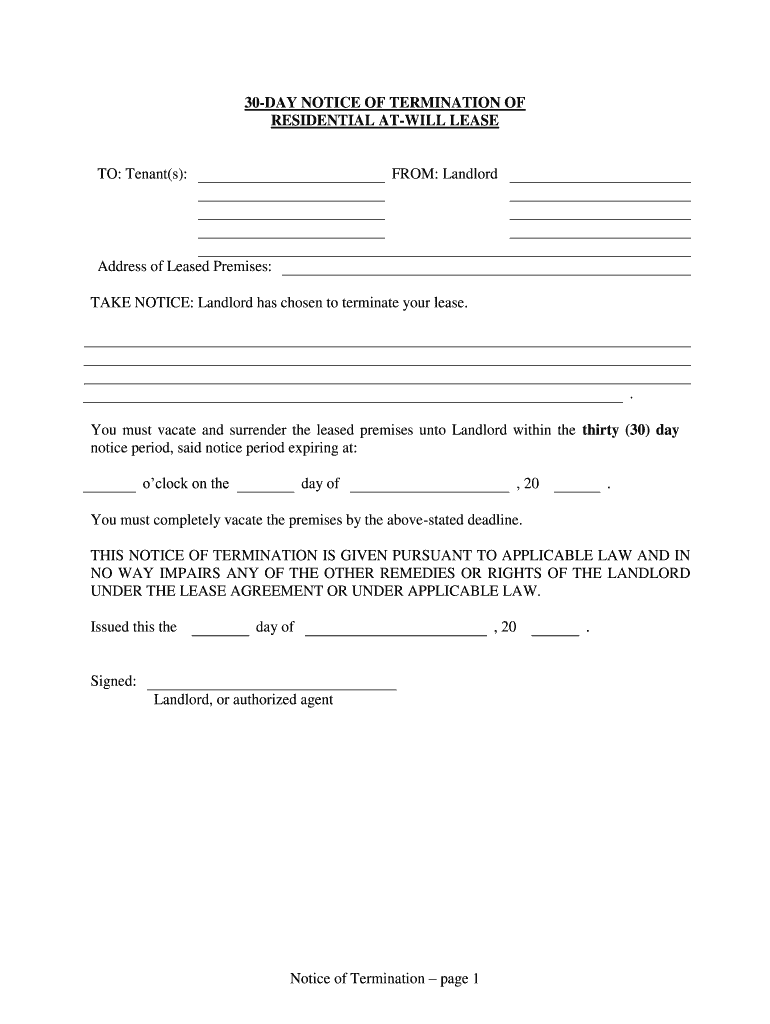 Fill and Sign the Residential at Will Lease Form