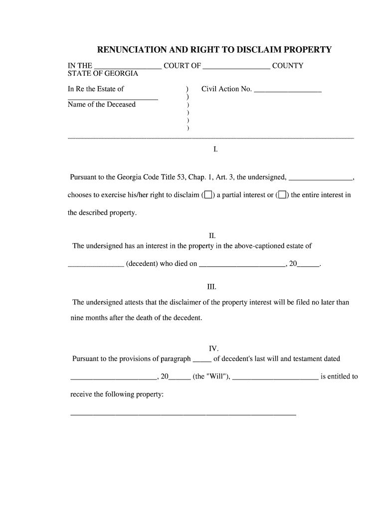 Fill and Sign the Georgia Disclaimer of Interest Formsdeedscom