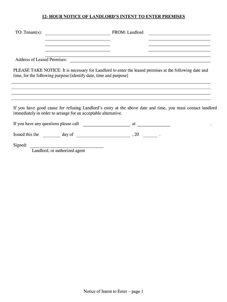 Notice of Entry by the Landlord  CPLEA  Landlord and Tenant  Form