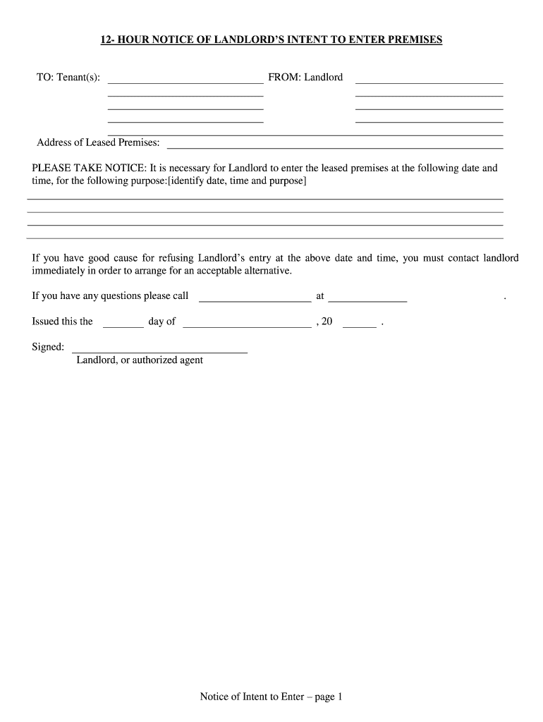 Fill and Sign the Notice of Entry by the Landlord Cplea Landlord and Tenant Form