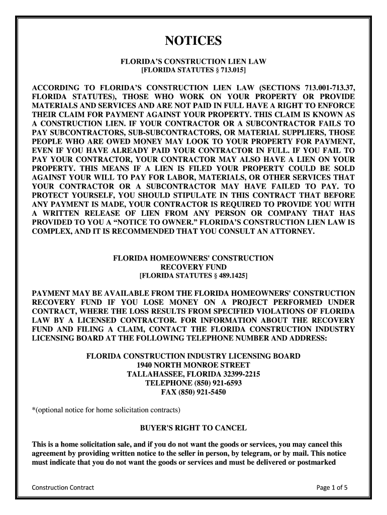 Fill and Sign the Warning to Owner Floridas Construction Lien Law Chapter 713 Form