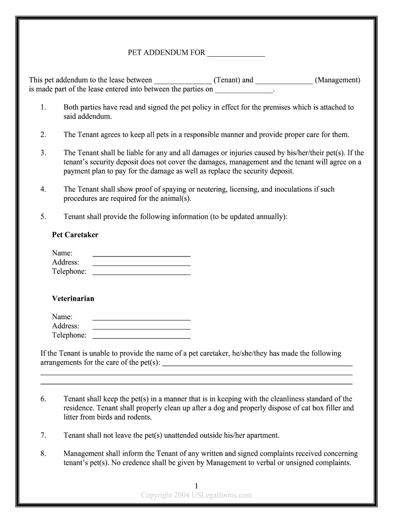 Sample Pet Addendum to Rental AgreementLease Template  Form