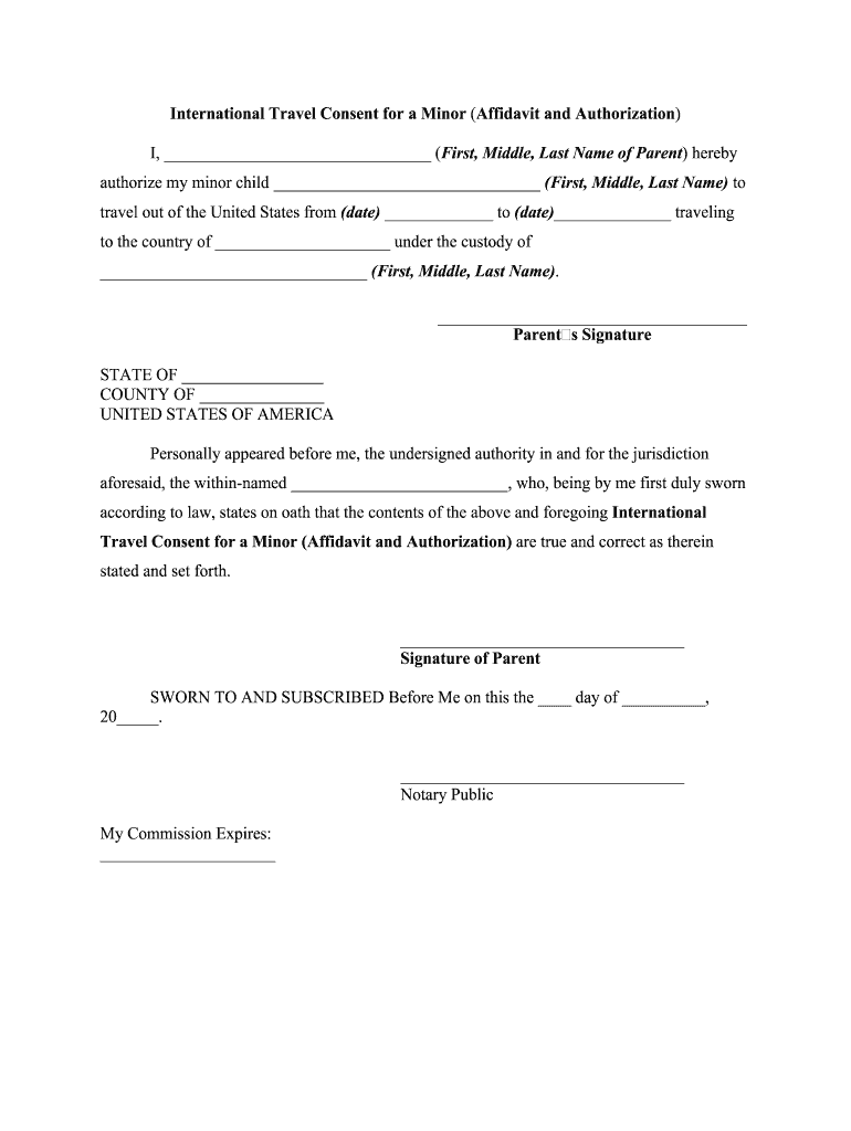 International Travel Consent for a Minor Affidavit and Authorization  Form