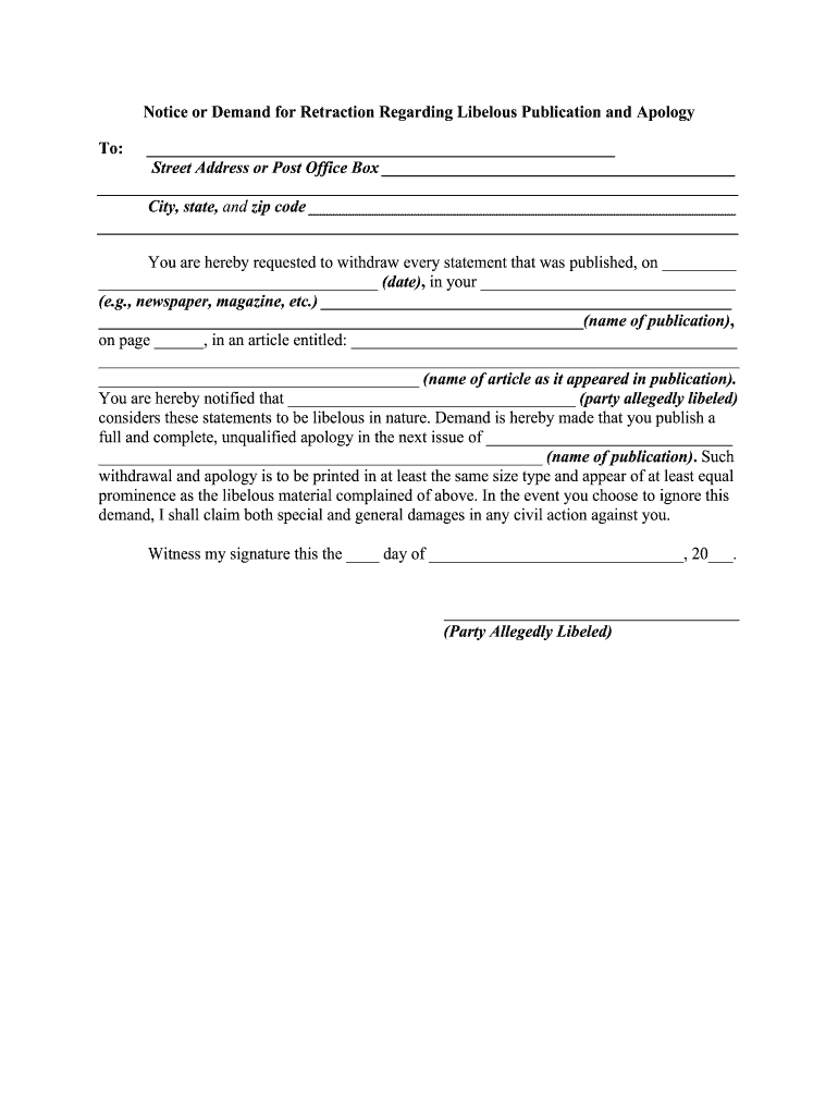 Notice or Demand for Retraction Regarding Libelous Publication  Form