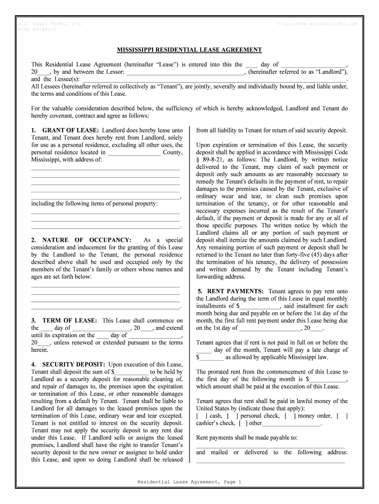 Mississippi Residential Rental Lease Agreement  Form