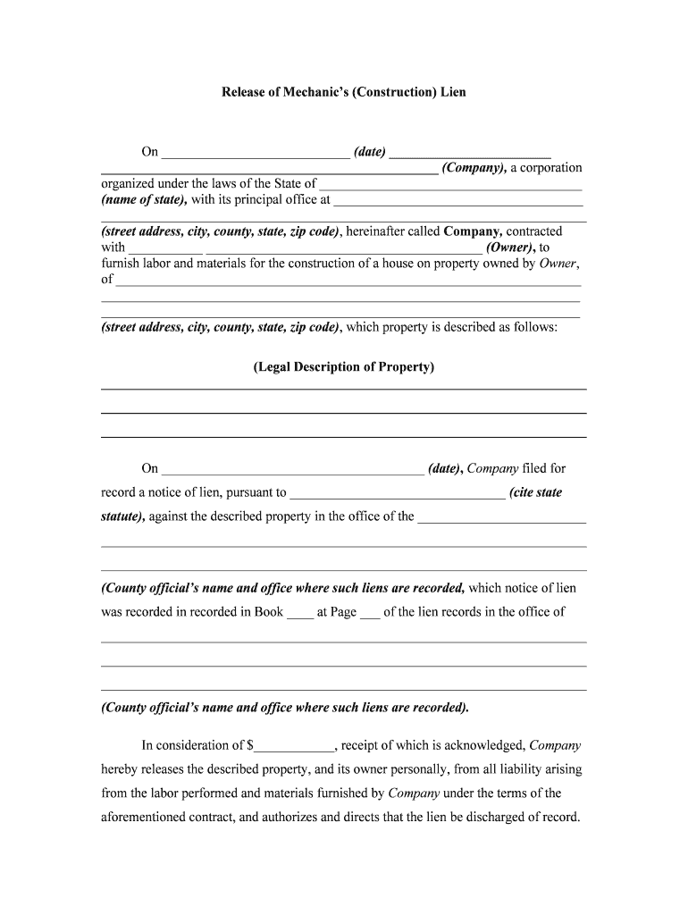 Release of Mechanics' Lien  Form