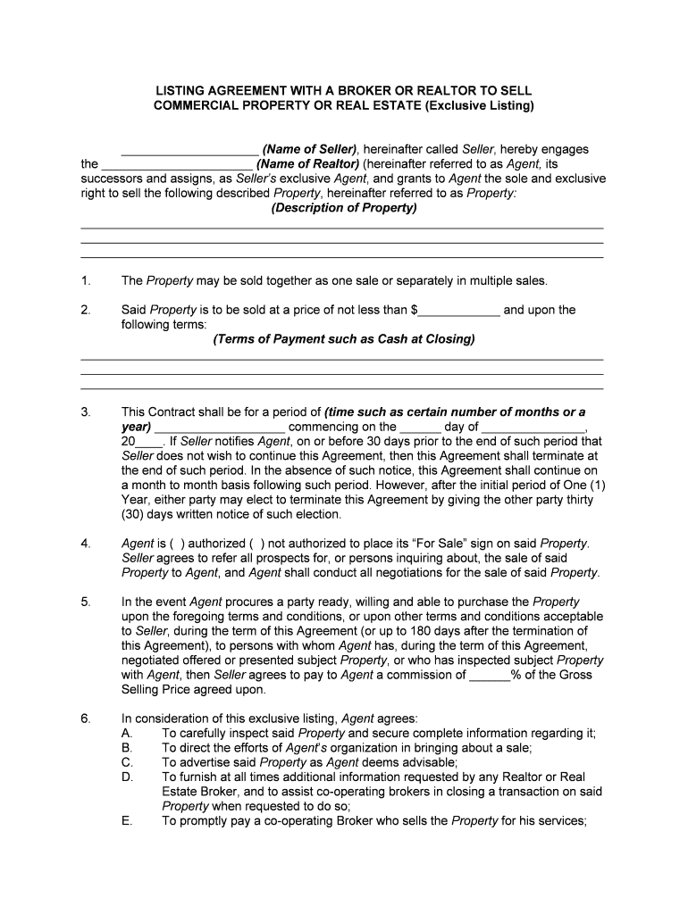 Listing Agreement Commercial Estate  Form