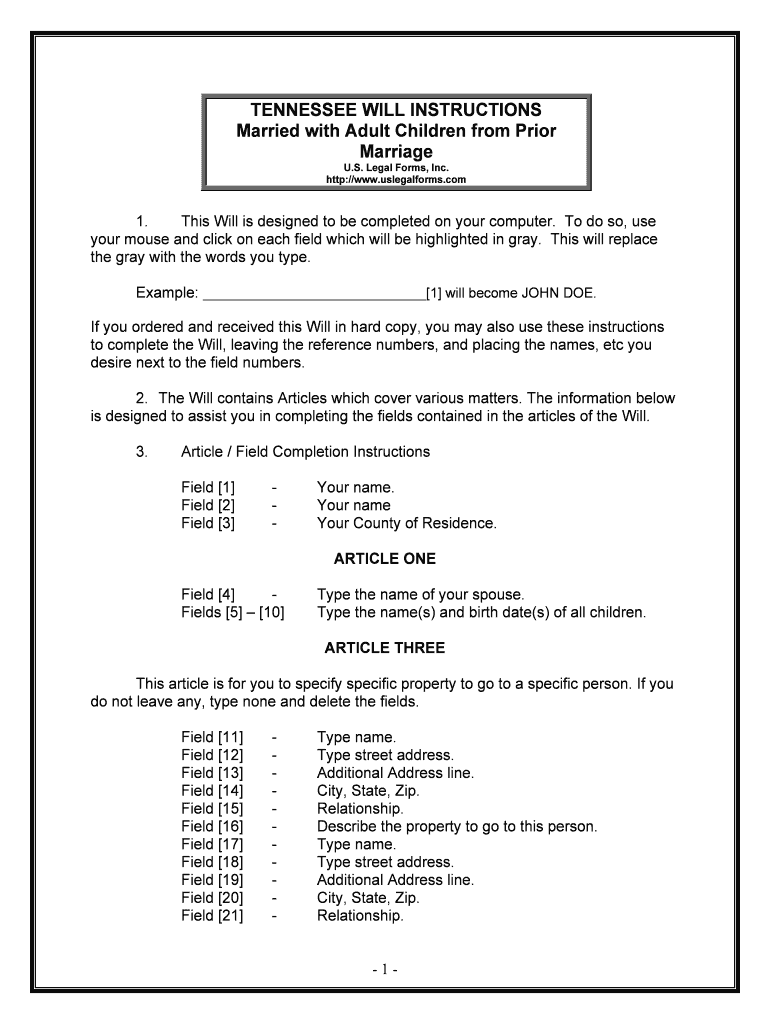 Tennessee Legal Last Will and Testament Form for Married Person with Adult Children from Prior Marriage