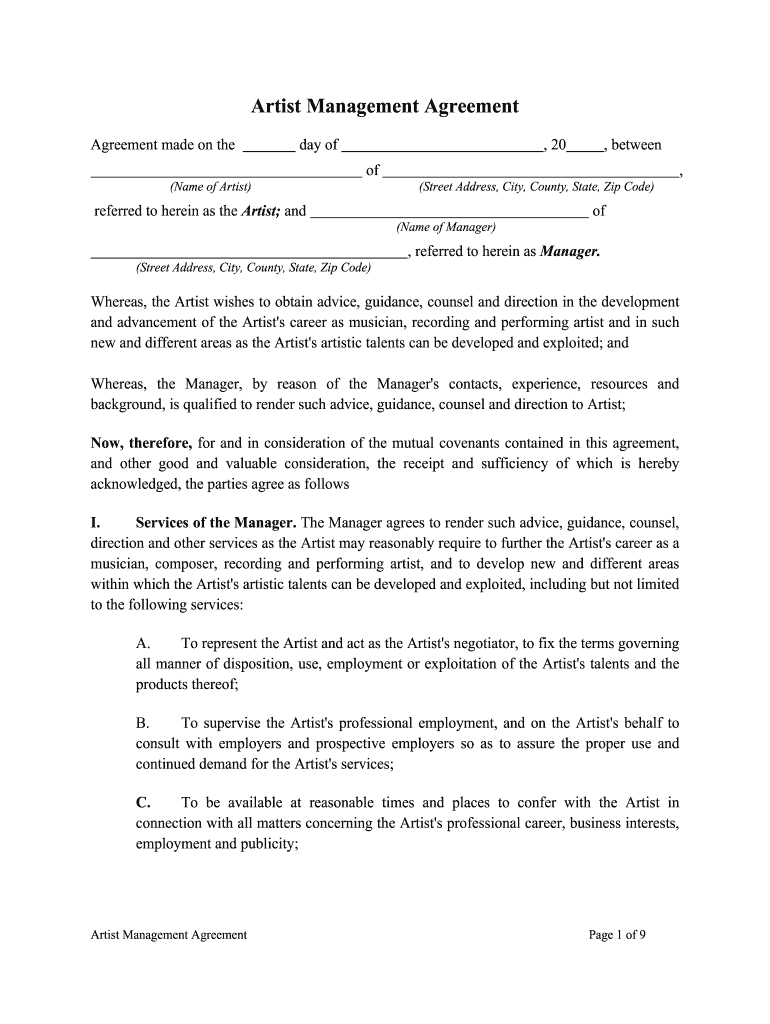 Fill and Sign the Artist Management Agreement Secgov Form