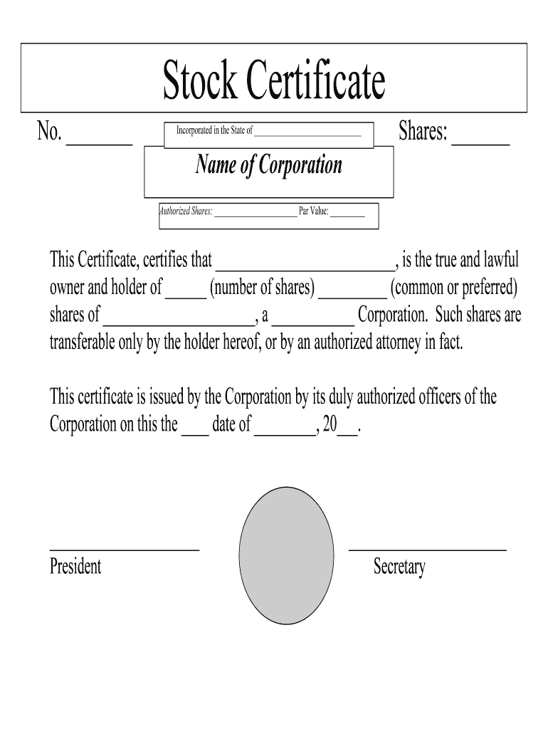 Stock Certificate  Form