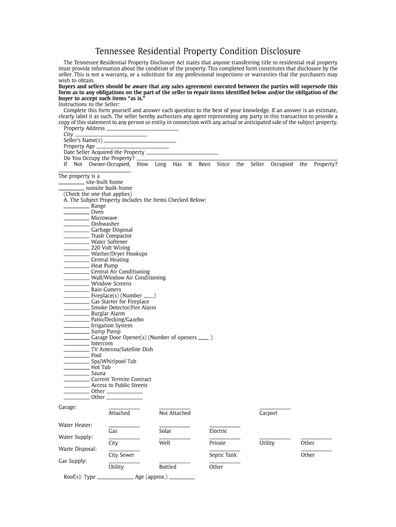 Tennessee Residential Property Disclosure ActNashville Real Estate  Form