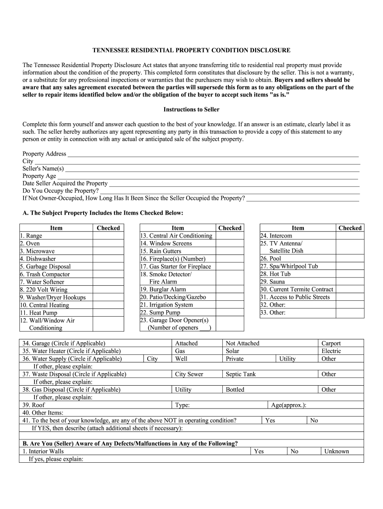 Fill and Sign the Tennessee Residential Property Disclosure Act States that Anyone Transferring Title to Residential Real Property Must Form