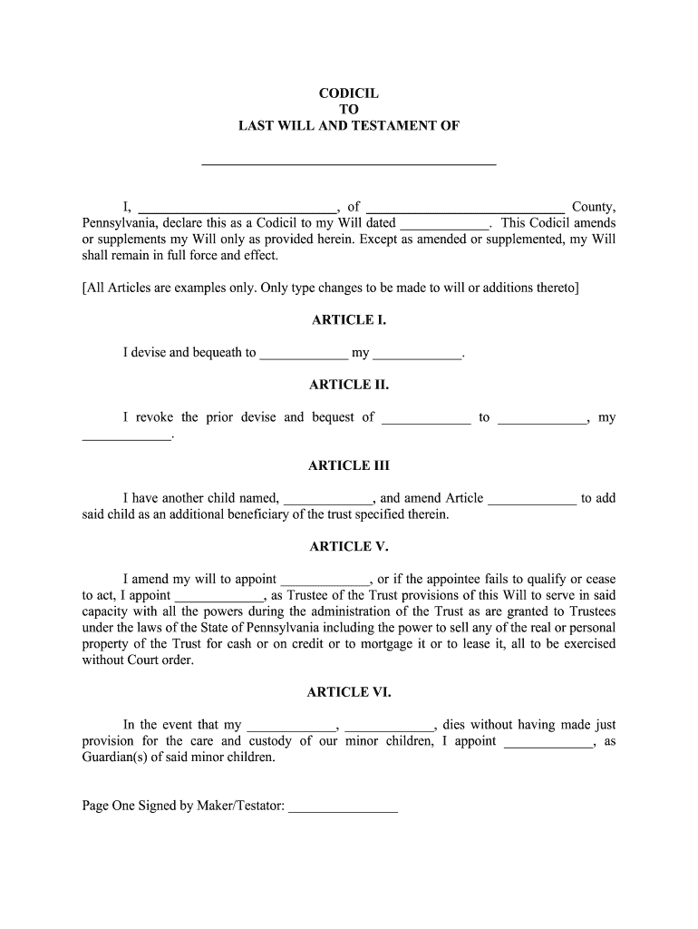 Fill and Sign the Codicil to Last Will and Testament of Witforg Form