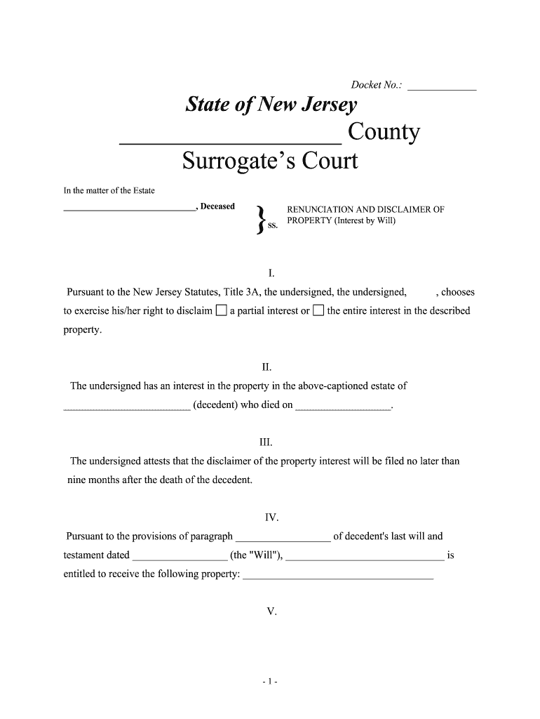 Fill and Sign the New Jersey Disclaimer of Interest Formsdeedscom