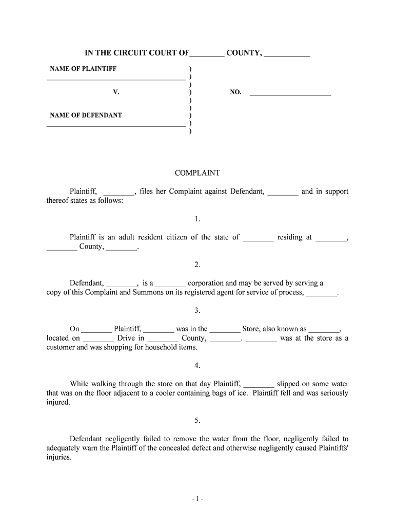 Complaint Personal Injury  Form