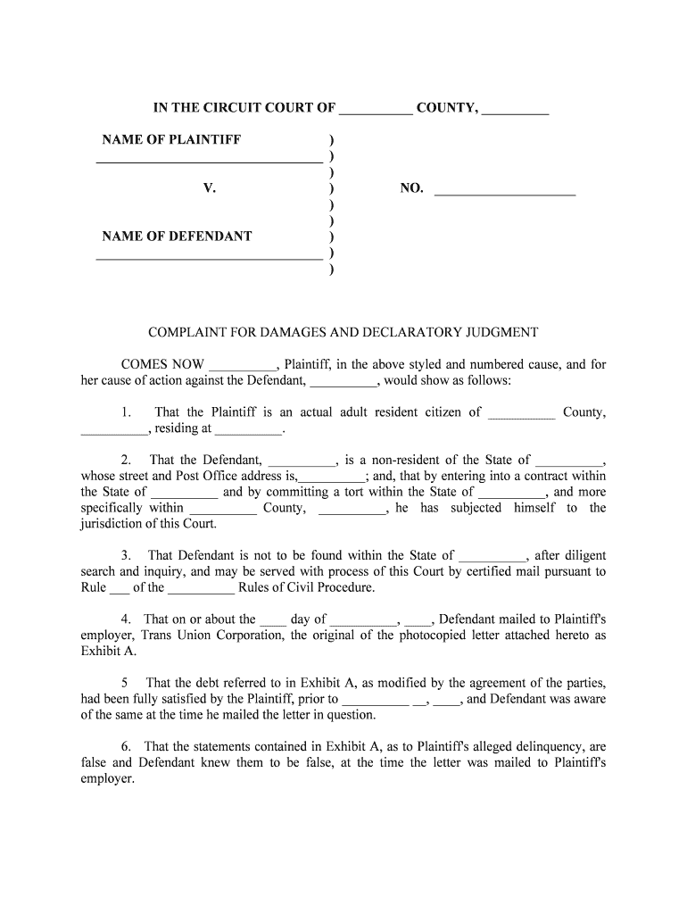 Complaint Declaratory Judgment Form