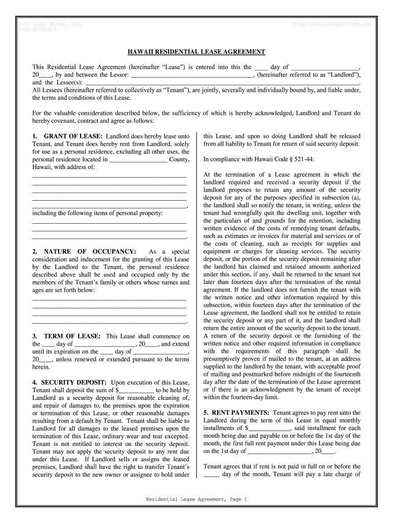 Fill and Sign the Free Hawaii Standard Residential Lease Agreement Template PDF Form