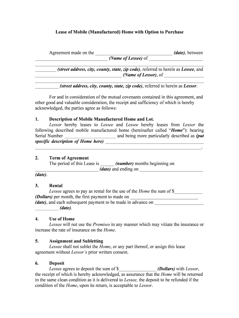 Lease Agreement Mobile Home  Form