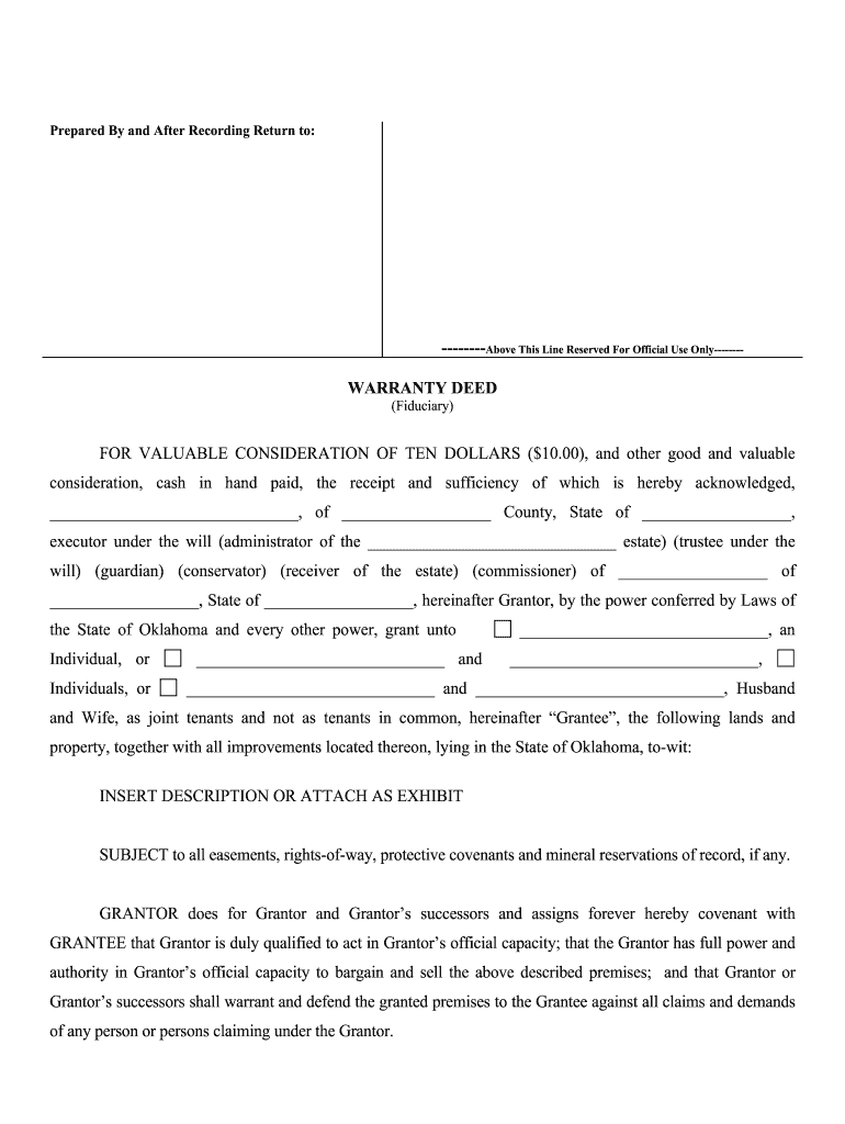 Oklahoma Fiduciary Deed for Use by Executors, Trustees, Trustors, Administrators and Other Fiduciaries  Form