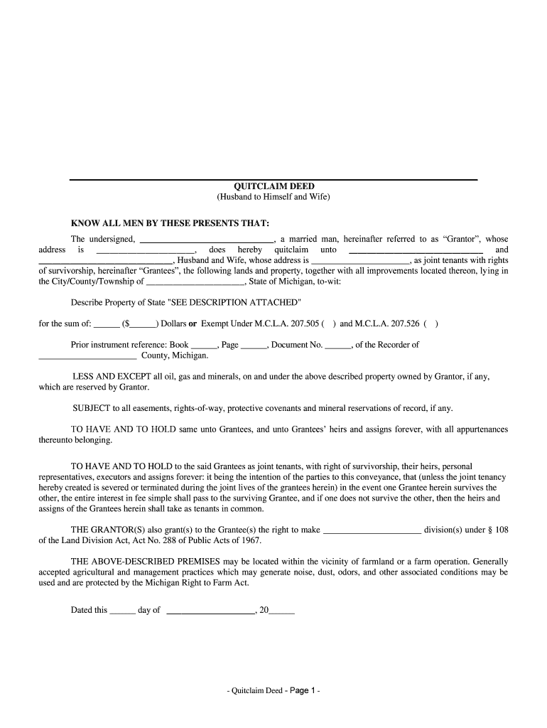 Michigan Quitclaim Deed from Husband to Himself and Wife  Form