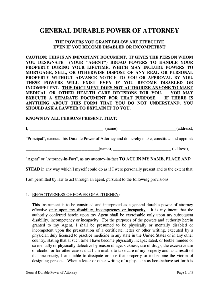 Kentucky General Durable Power of Attorney for Property and Finances or Financial Effective Upon Disability  Form