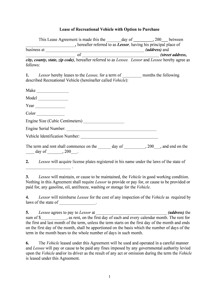 Rv Rental Agreement PDF  Form