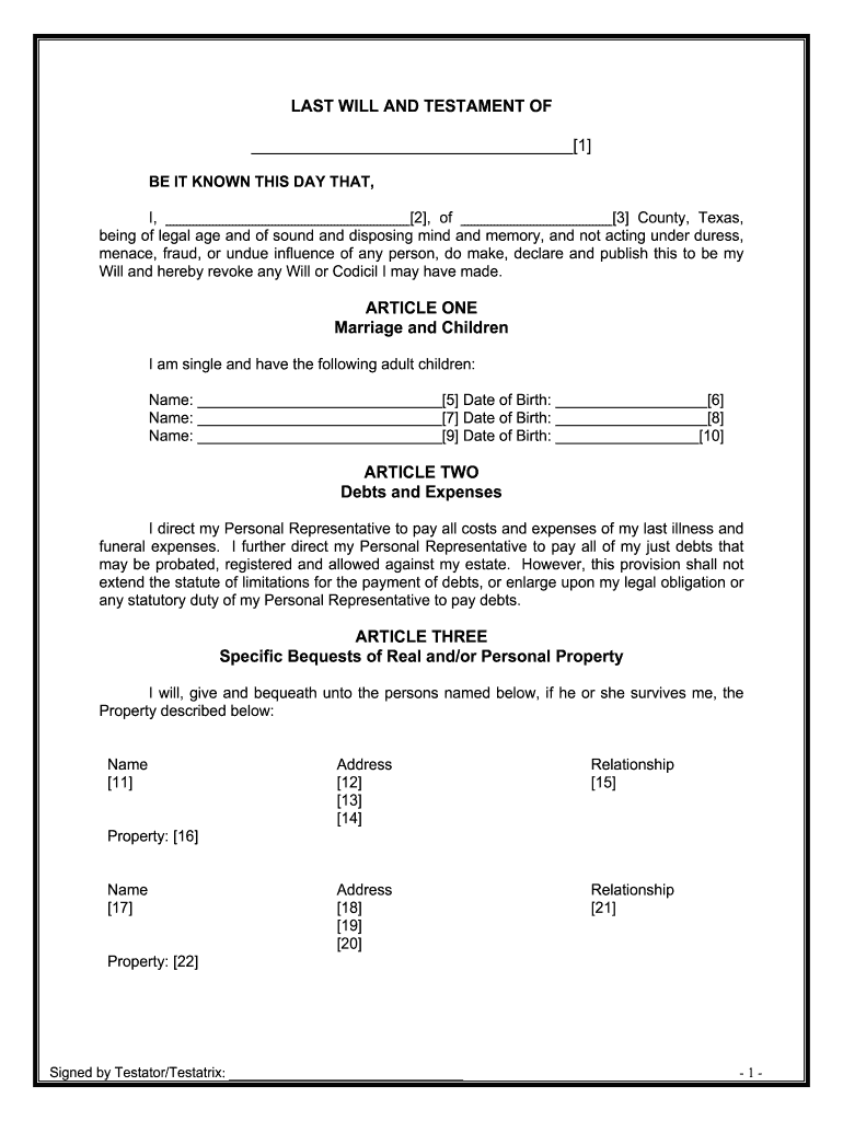 Texas Will for Single Person  Form