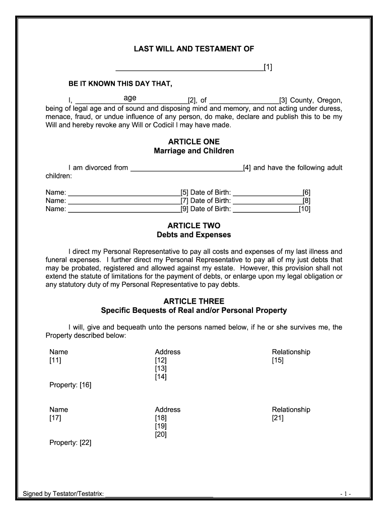 Oregon Legal Last Will and Testament Form for Divorced Person Not Remarried with Adult Children