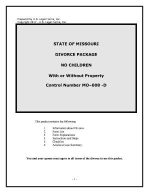 Missouri No Fault Agreed Uncontested Divorce Package for Dissolution of Marriage for Persons with No Children with or Without Pr  Form