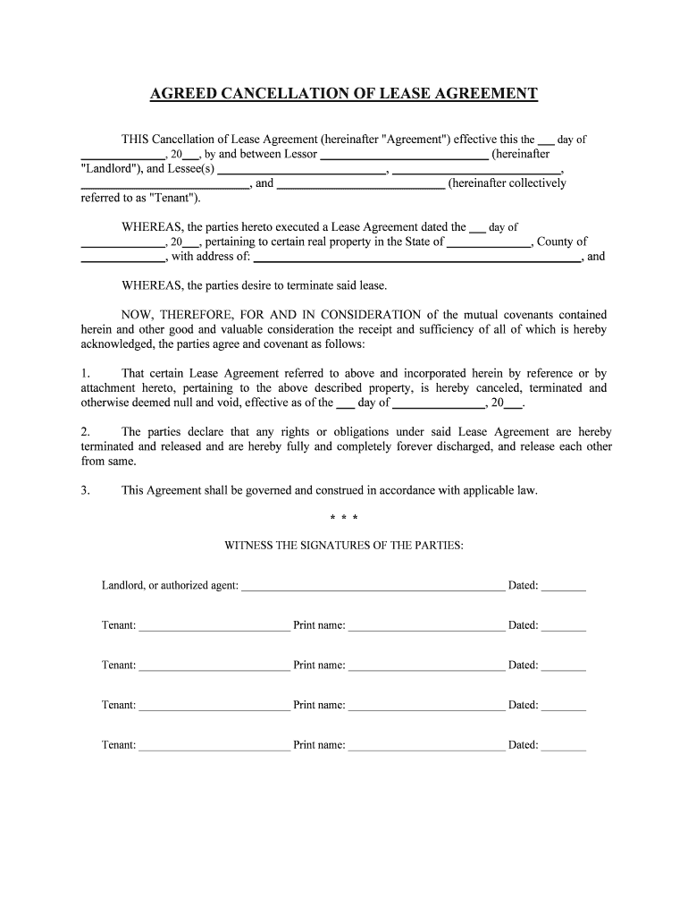 AGREED CANCELLATION of LEASE AGREEMENT  Form