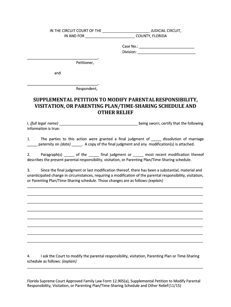 Instructions for Florida Supreme Court Approved Family Law Form 12 905A, Supplemental Petition to Modify Parental Responsibility