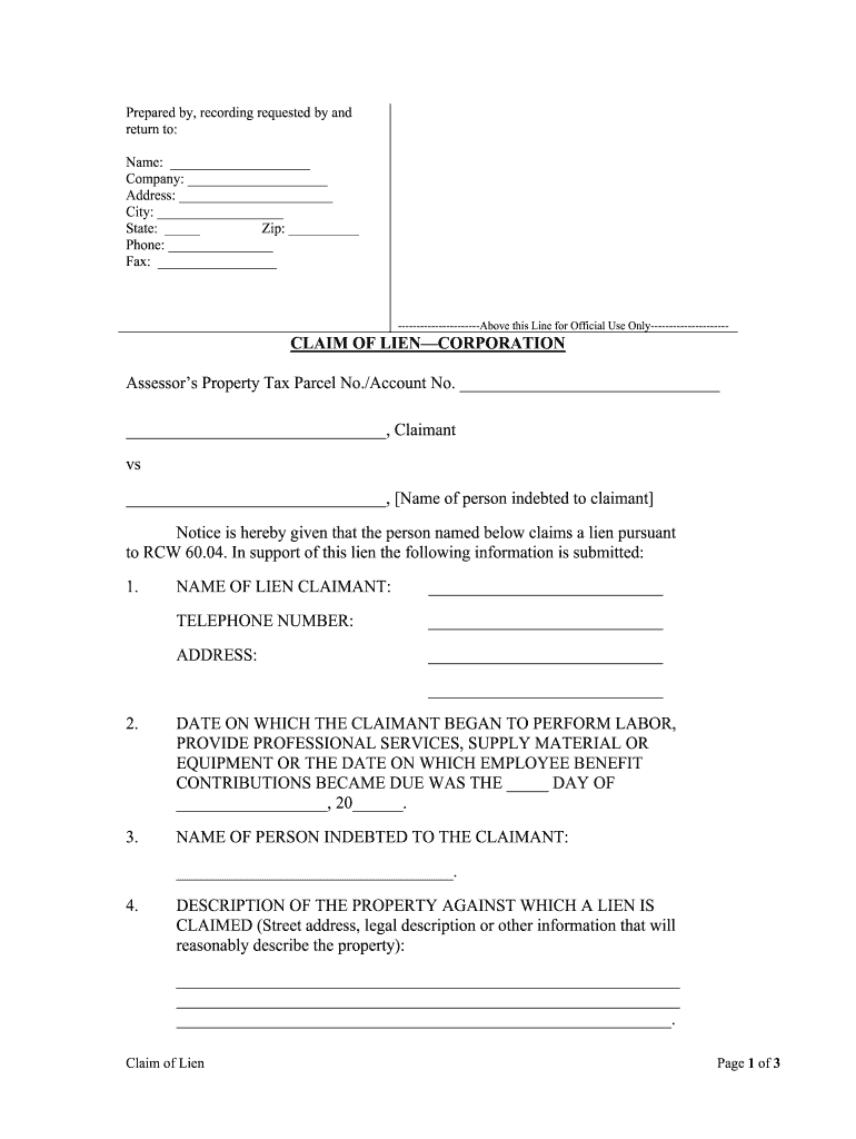 Fill and Sign the Claim of Liencorporation Form