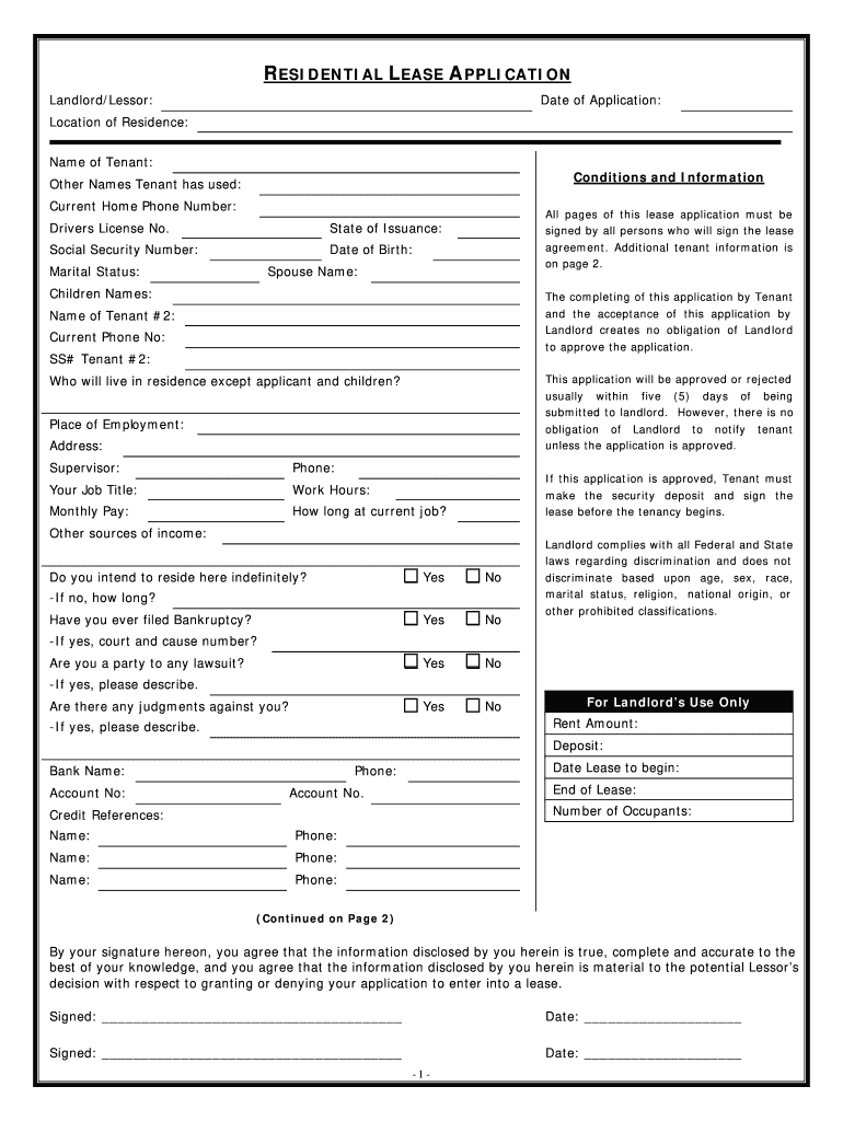 RESIDENTIAL LEASE a PPLICATION  Form