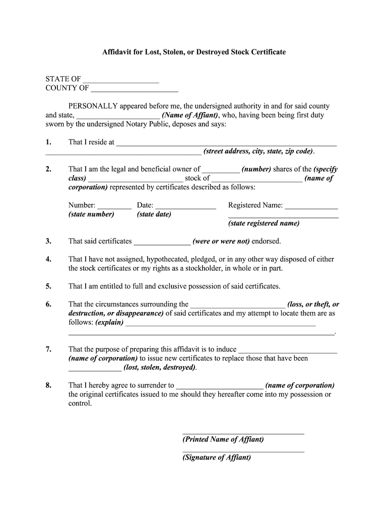 Fill and Sign the Affidavit for Lost Stolen or Destroyed Stock Certificate Form