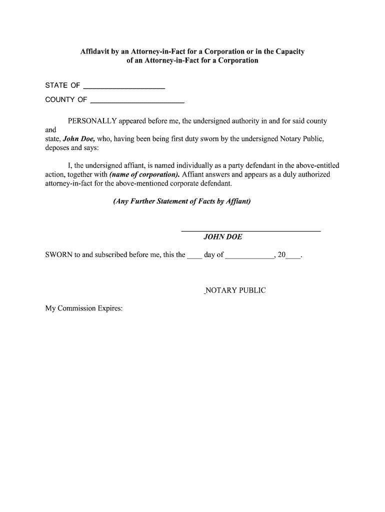 Fill and Sign the Affidavit by an Attorney in Fact for a Corporation Sample Form