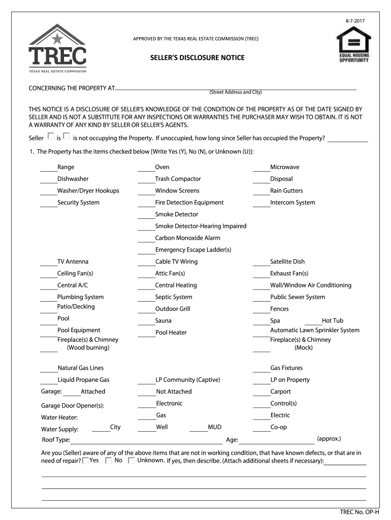 Fill and Sign the Sellers Disclosure Noticetrec Trectexasgov Form