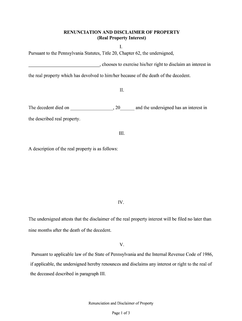 Fill and Sign the Pennsylvania Disclaimer of Property Interest Lawdisclaimers Form