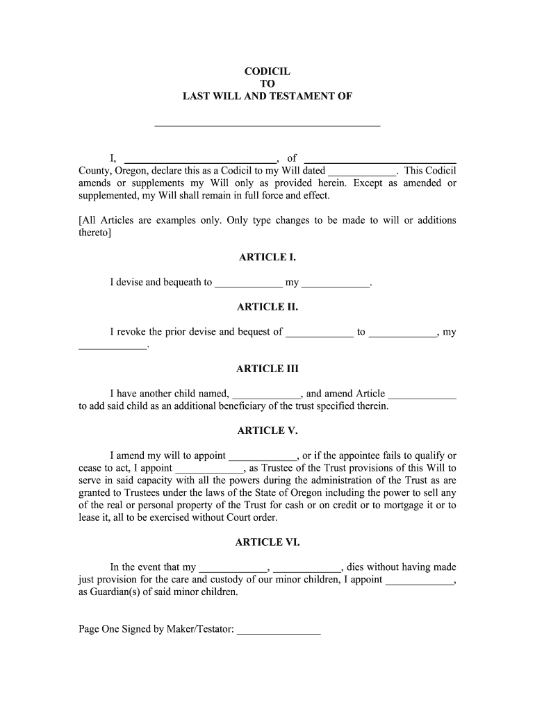 Fill and Sign the Codicil to Last Will and Testament Sample Template Wonderlegal Form