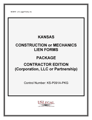 Kansas Kansas Construction or Mechanics Lien Package Corporation or LLC  Form